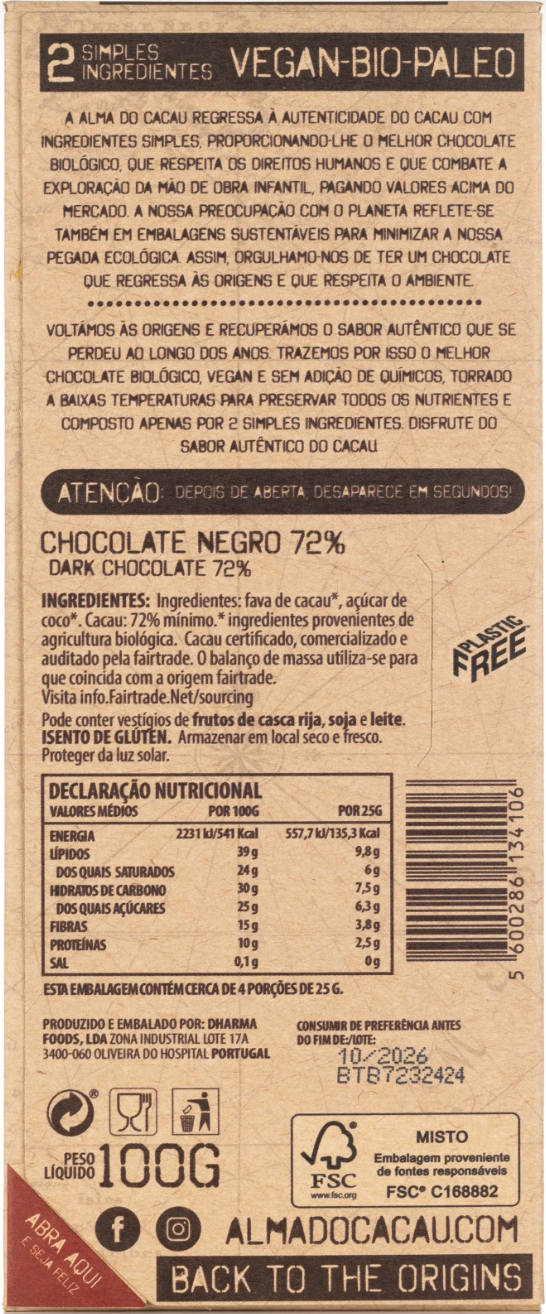 Chocolate ALMA CACAU 72% Bio
