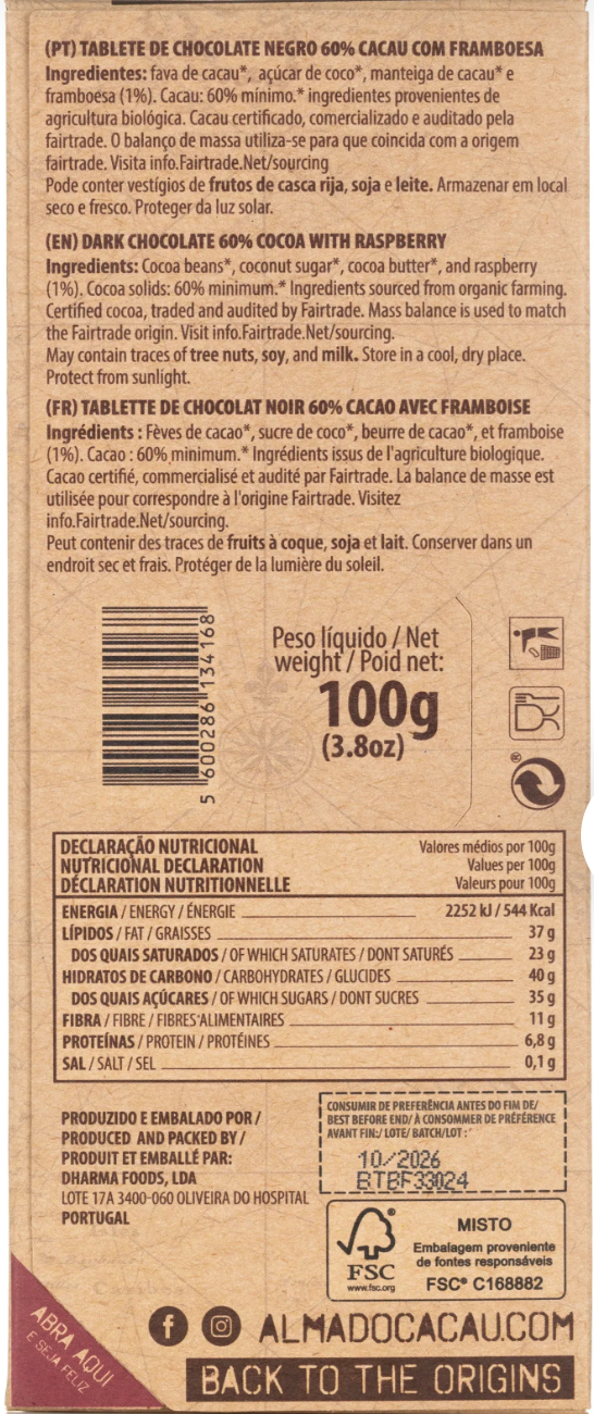 Chocolate ALMA CACAU - Flocos de Framboesa - Bio