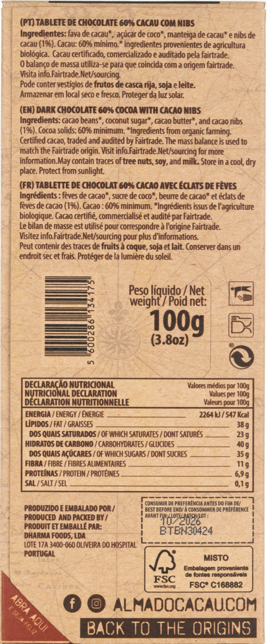 Chocolate ALMA CACAU - Nibs de Cacau Cru - Bio